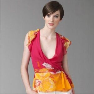 Diane von Furstenberg Size 10 Orchid Lei Blouse Ruffle Sleeve Silk Tie Wrap Top